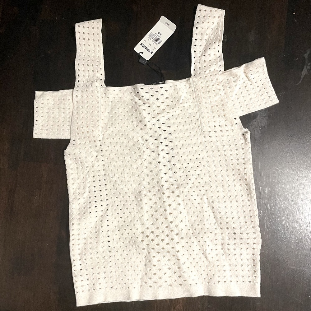 NEw EXPRESS Cold Shoulder with a  hole in pattern White Top S